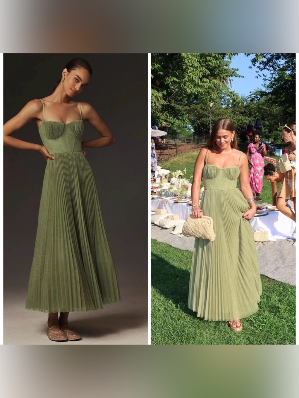 Hutch Amara Corset Pleated Tulle Fit & Flare Midi Dress Green Sz 4 Petite